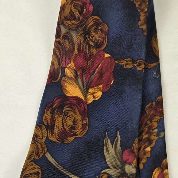 Pierre Cardin 100% Silk Men's Tie Red Gold Floral Pattern Navy Blue Background - Picture 5 of 9